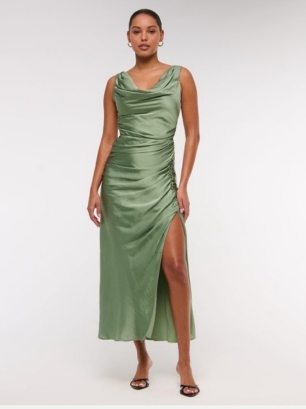 Abercrombie Satin Cowl Neck Maxi Dress Green Draped Slit L NWT